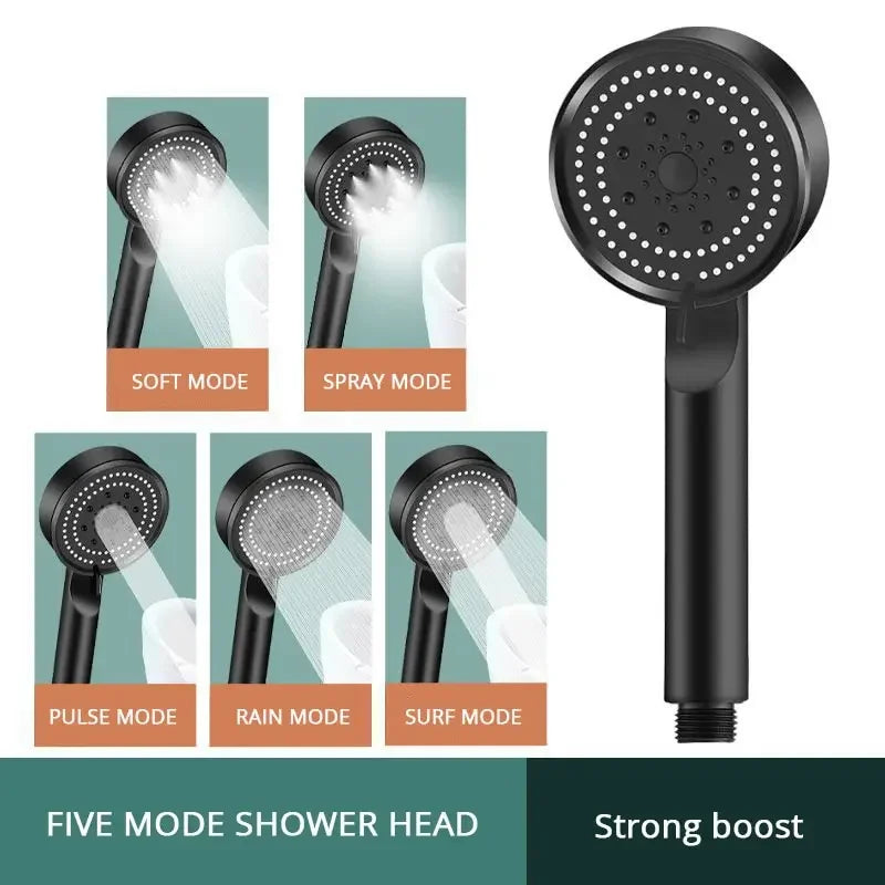 Black 5 Modes Shower Head Adjustable High Pressure ,Massage Shower Head
