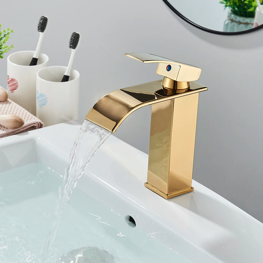 Brushed Golden Basin Faucets Single Lever Hole Deck Mount