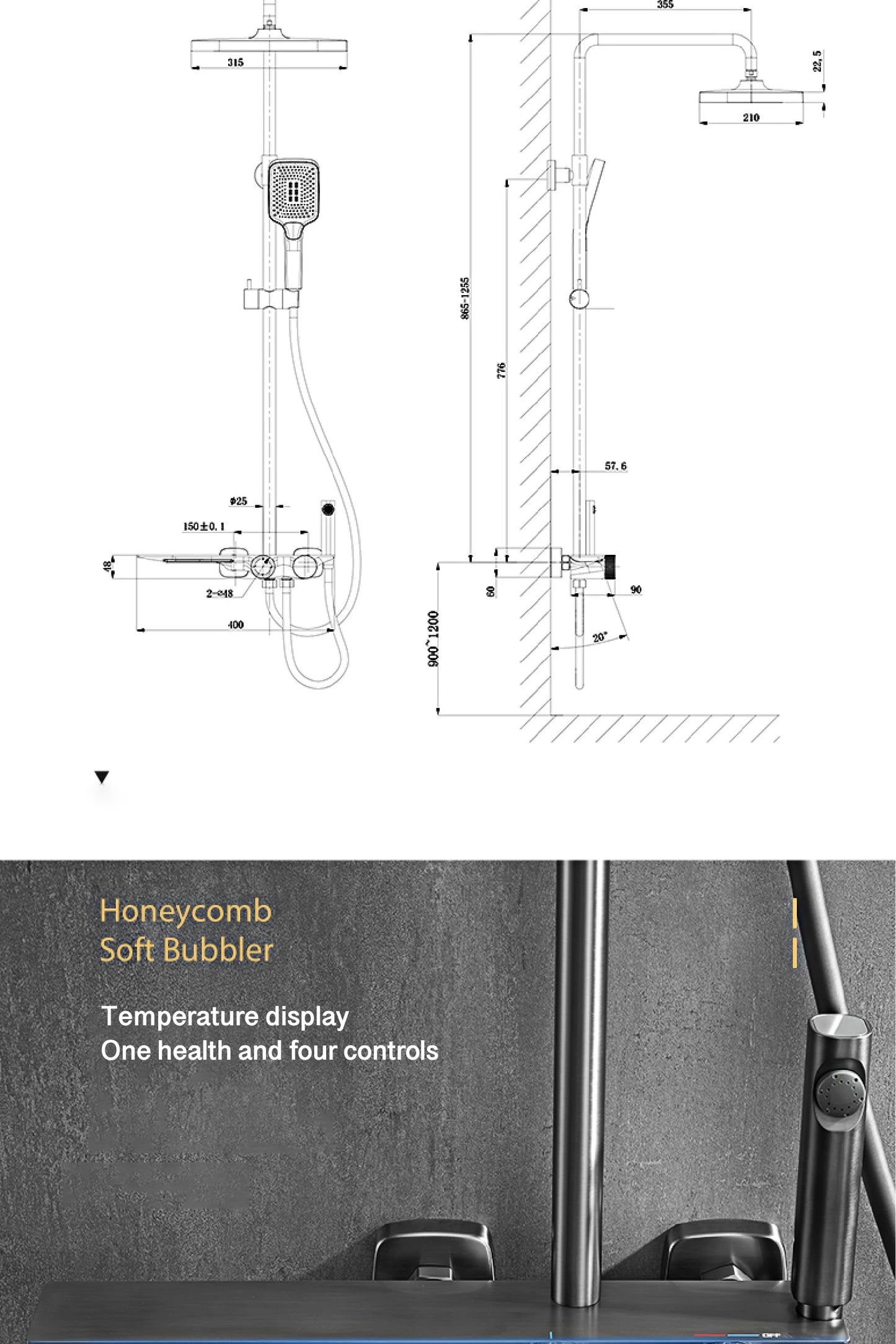 Luxury gun gray brass bathroom shower system digital display cold & hot dual control