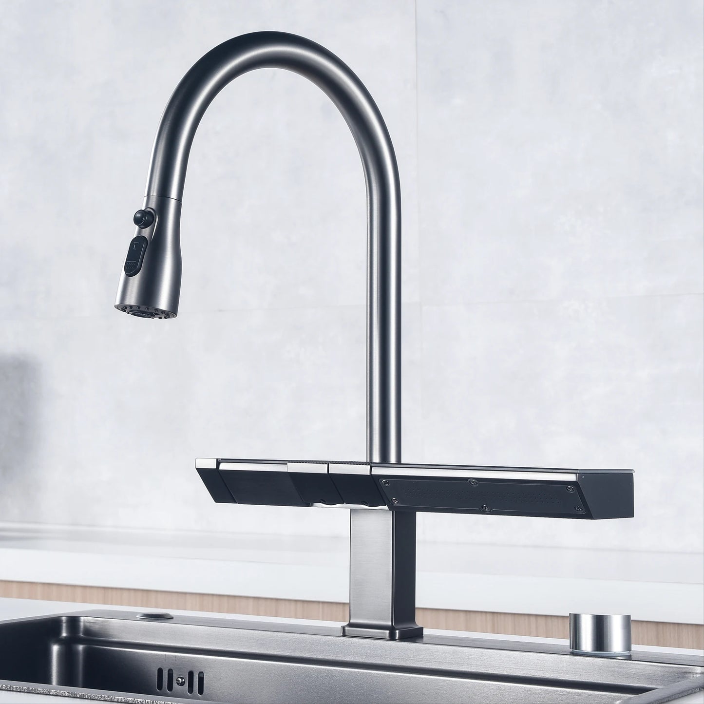 Luxury digital display brass grey kitchen faucet pull-out design