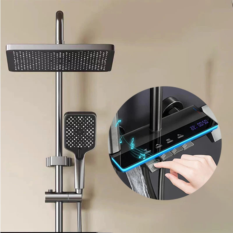Grey shower Set Four-Function Smart Digital Display Shower System Rainfall Pressurized Wall-mounted Piano Key