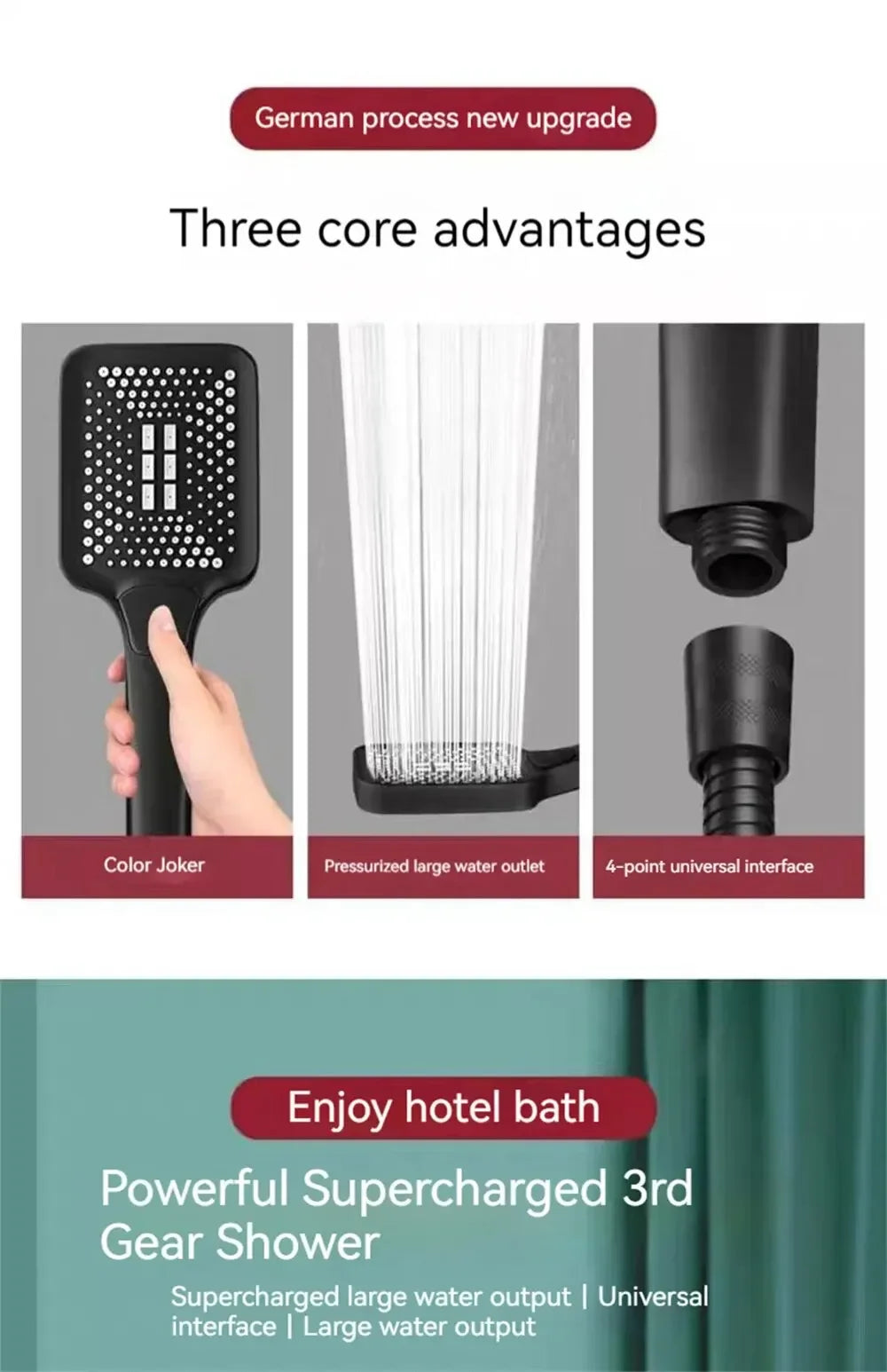 Adjustable Shower Head 3 Mode Rainfall Shower Large Flow Showerhead High Pressure