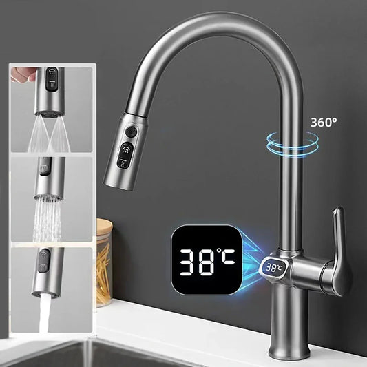 Kitchen Faucet Temperature, Pull Out Kitchen Sink Faucet Digital Display Function Rotatable