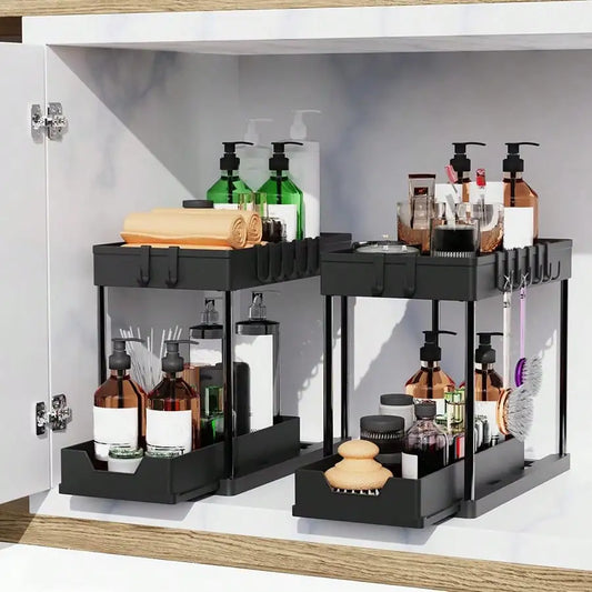 Under Sink Organizer, 2 Tier Bathroom Cabinet Organizer with Sliding Basket, Multi-Purpose Under Sink Organizers and Storage