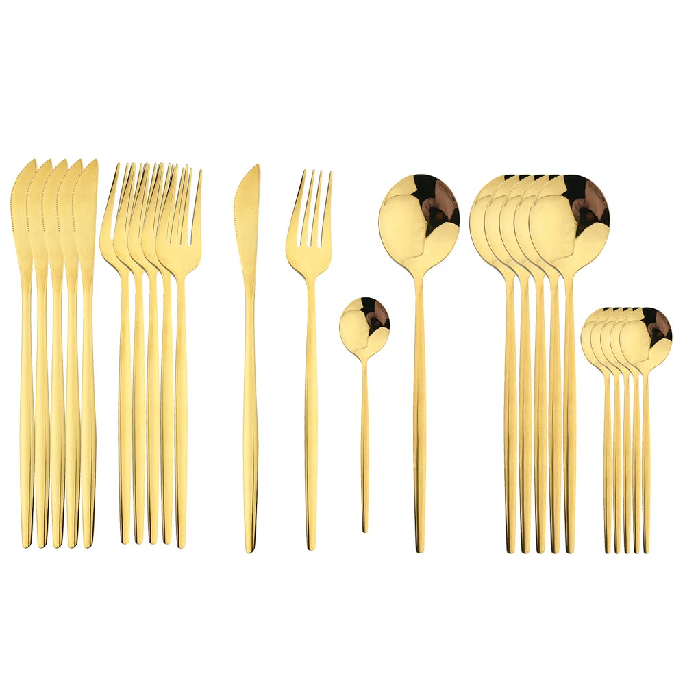 24Pcs Black Handle Golden Cutlery Set Stainless Steel Knife Fork Spoon Tableware Flatware Set