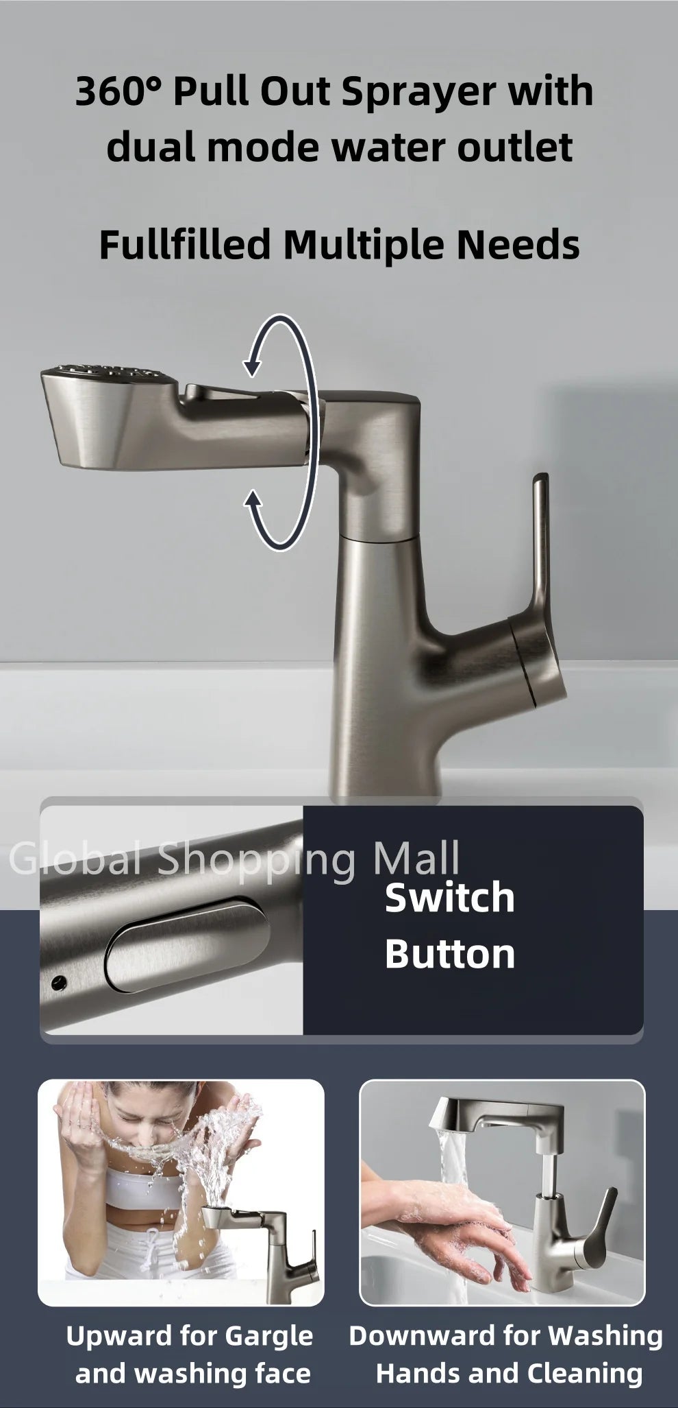 Pull Out Lift Kitchen Faucet 360° Rotatable Splashproof Stainless Steel Kitchen Sink Faucet with Pull Down Sprayer