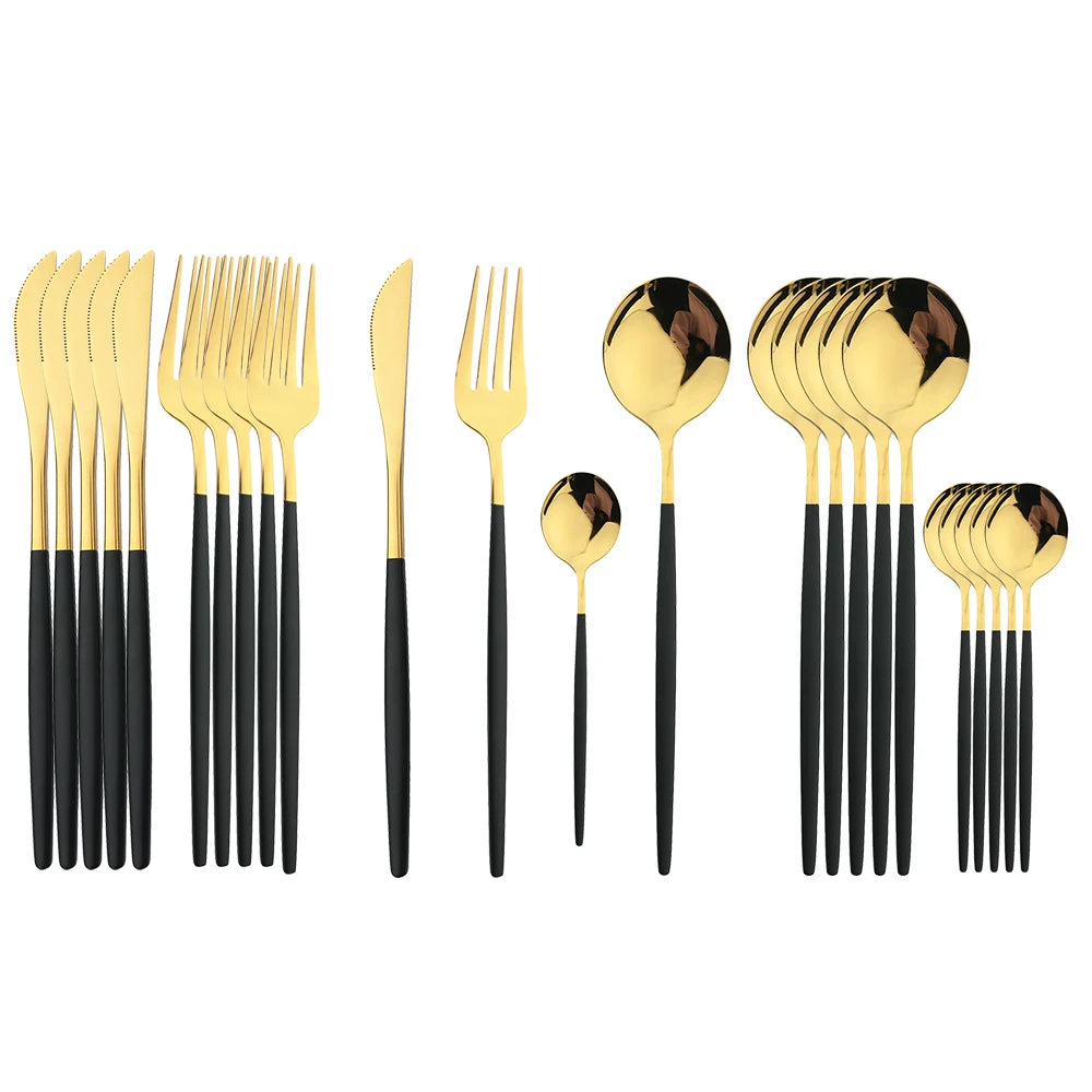 24Pcs Black Handle Golden Cutlery Set Stainless Steel Knife Fork Spoon Tableware Flatware Set