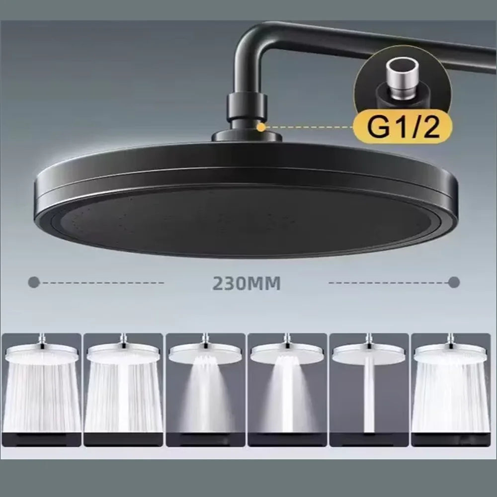 New 6 Modes Large Flow Supercharge Rainfall Shower Head 230mm Round High Pressure Top Spray Rain