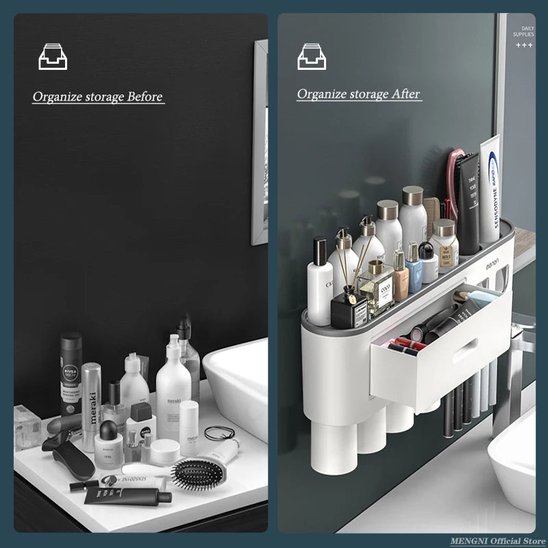MENGNI-Magnetic Adsorption Inverted Toothbrush Holder Wall -Automatic Toothpaste Squeezer Storage Rack