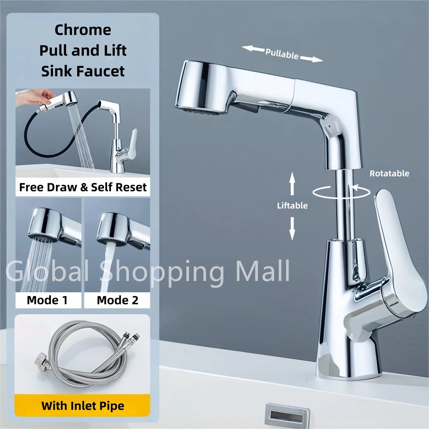 Pull Out Lift Kitchen Faucet 360° Rotatable Splashproof Stainless Steel Kitchen Sink Faucet with Pull Down Sprayer