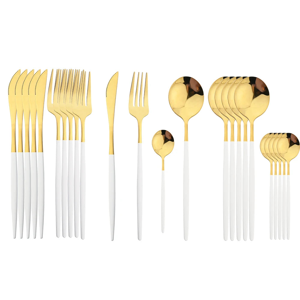 24Pcs Black Handle Golden Cutlery Set Stainless Steel Knife Fork Spoon Tableware Flatware Set