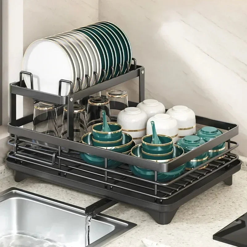 Bowl Rack - 2 Tier Dish Drainer Storage Adjustable Space Saving Kitchen Utensil Organizer for Plates Cups Cutlery