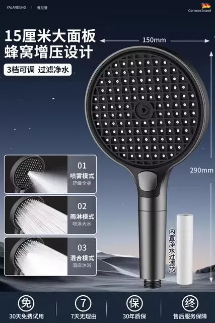 15CM Big Panel High Pressure Shower Head With Filter 3 Modes