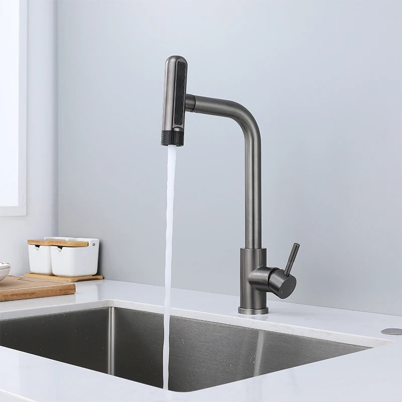Pull Out Rotation Waterfall Black Stream Sprayer Head,6 Mode Gray Kitchen Faucets, Sink Mixer
