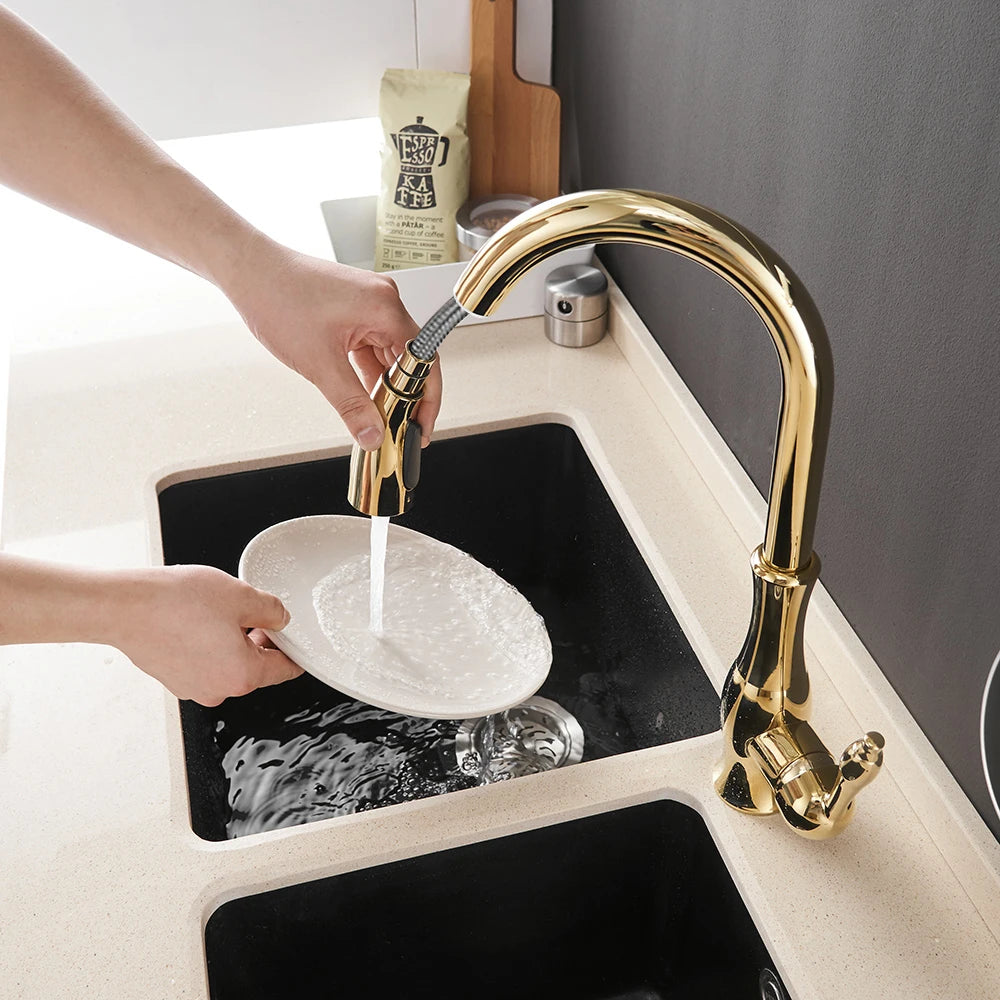 Gold Kitchen Faucets Silver Single Handle Pull Out Kitchen Tap Single Hole Water Mixer