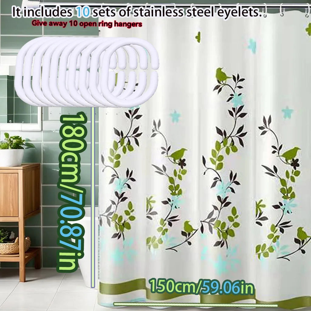 Green bird perch printed shower curtain bathroom dry and wet separation partition curtain