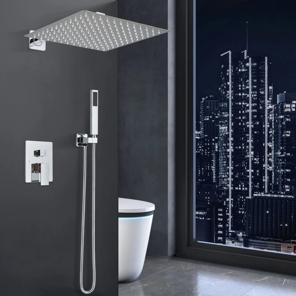 Chrome Bathroom Shower Faucet Set 2/3 Way Rainfall Mixed Brass Diverter Mixer Tap 8-16" Head Wall Mounted Embedded Box Control