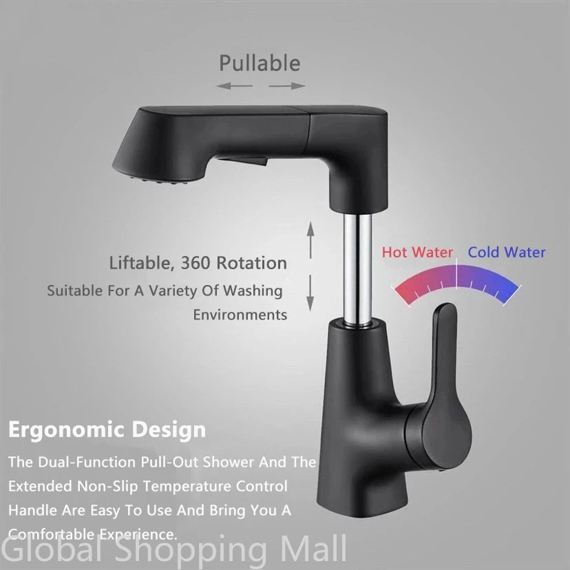 Pull Out Lift Kitchen Faucet 360° Rotatable Splashproof Stainless Steel Kitchen Sink Faucet with Pull Down Sprayer