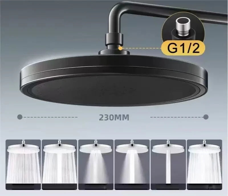 New 6 Modes Large Flow Supercharge Rainfall Shower Head 230mm Round High Pressure Top Spray Rain
