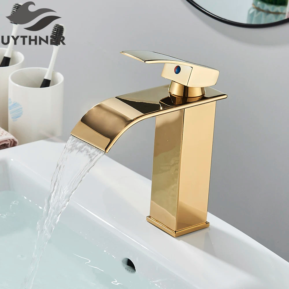 Brushed Golden Basin Faucets Single Lever Hole Deck Mount