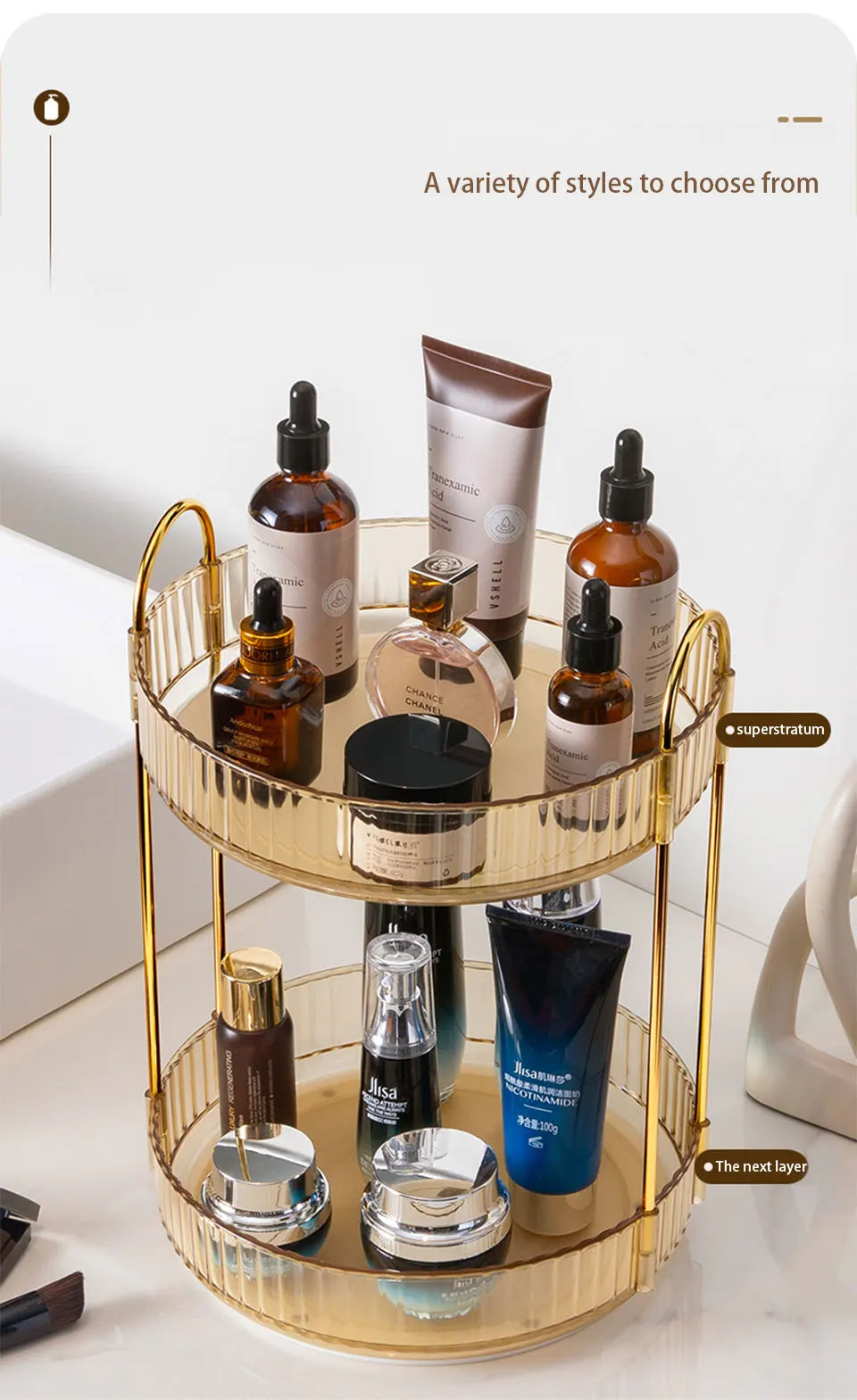 Rotating Makeup Organizer for Vanity 3 Tier Skincare Organizers