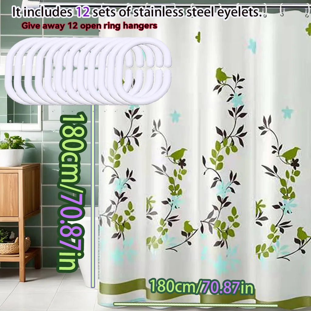 Green bird perch printed shower curtain bathroom dry and wet separation partition curtain