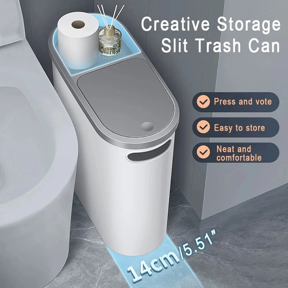 Plastic Trash Can with Lid Compact Press-Type Top Space-Saving Design for Bathroom Kitchen Living Room