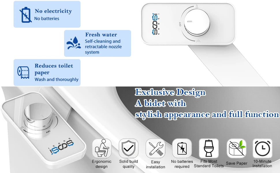 Non-Electric Bidet Toilet Seat Attachment with Pressure Controls, Retractable Self-Cleaning Dual Nozzles for Frontal & Rear Wash