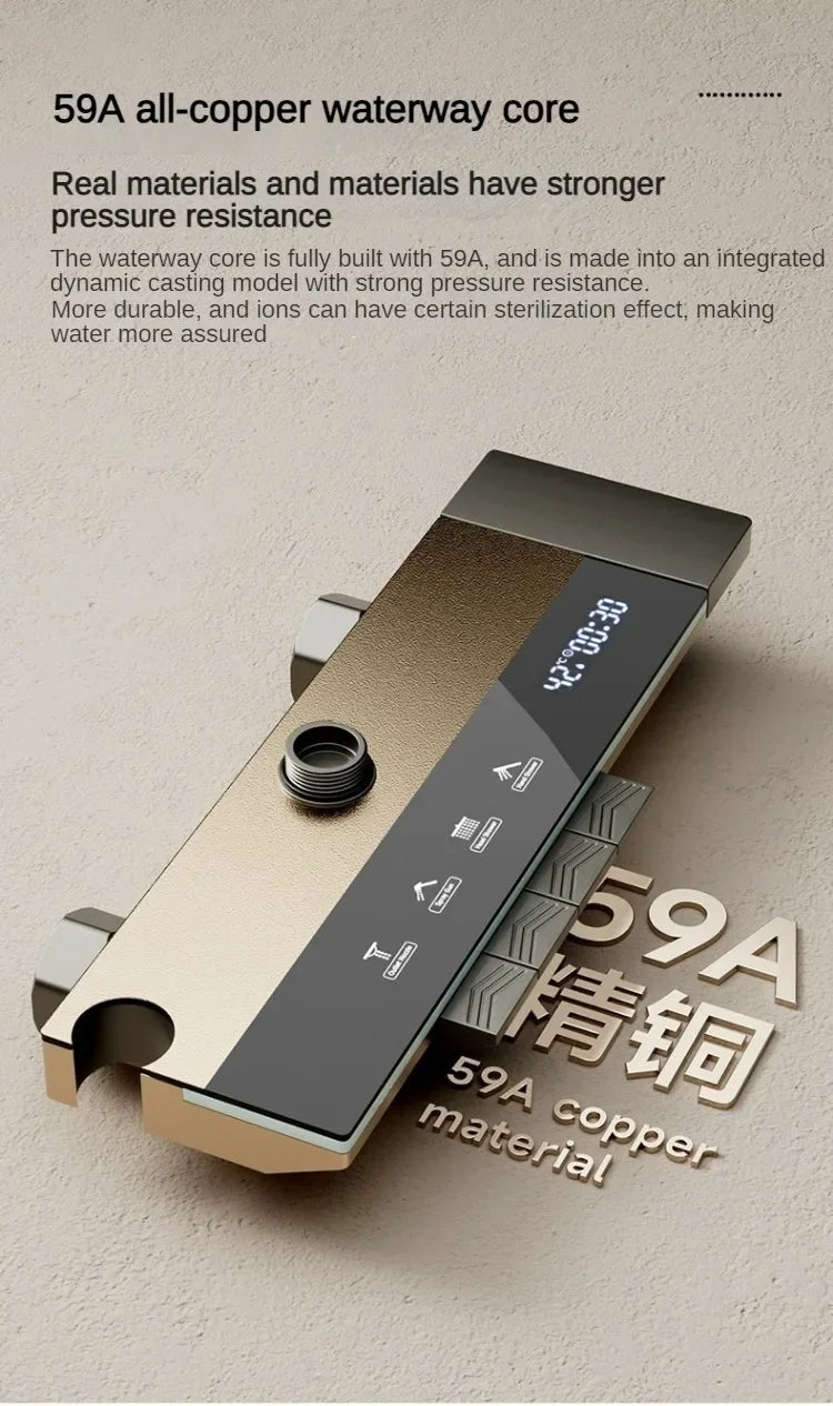 Grey shower Set Four-Function Smart Digital Display Shower System Rainfall Pressurized Wall-mounted Piano Key