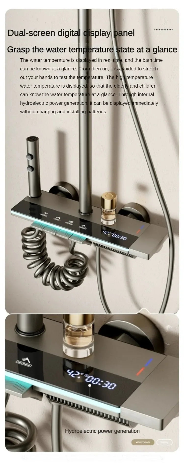 Grey shower Set Four-Function Smart Digital Display Shower System Rainfall Pressurized Wall-mounted Piano Key