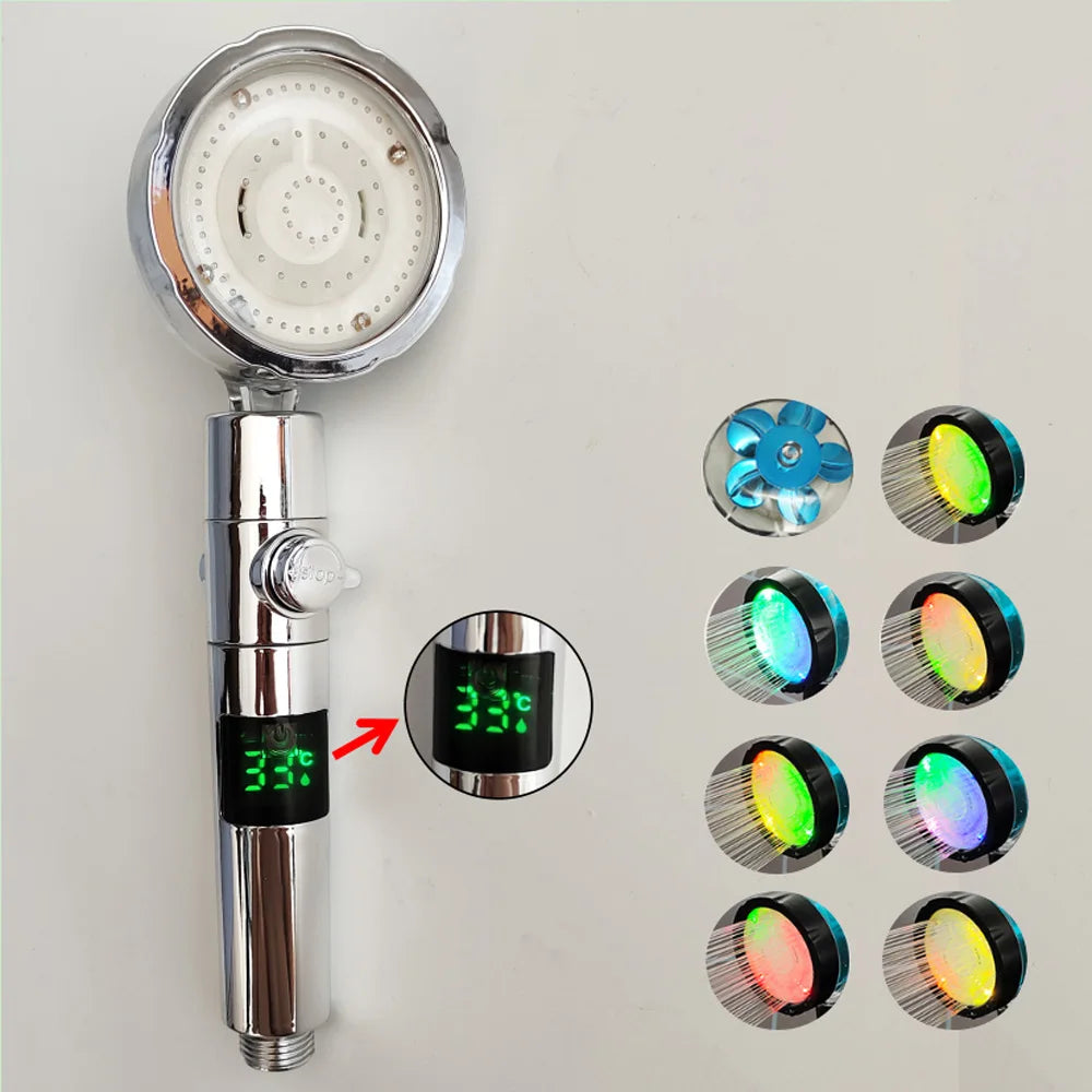 LED Digital Temperature Display Shower Head Temperature Control Colorful Fan Spray Nozzle