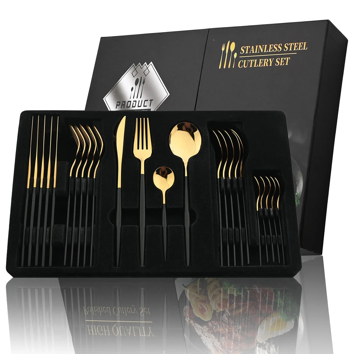 24Pcs Black Handle Golden Cutlery Set Stainless Steel Knife Fork Spoon Tableware Flatware Set
