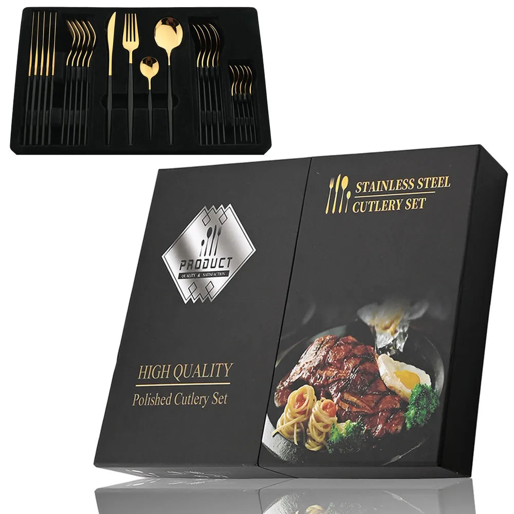 24Pcs Black Handle Golden Cutlery Set Stainless Steel Knife Fork Spoon Tableware Flatware Set