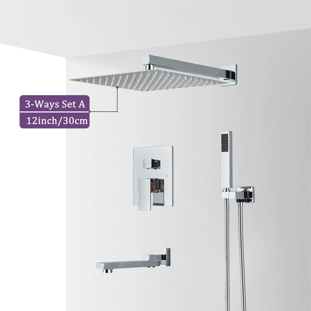 Chrome Bathroom Shower Faucet Set 2/3 Way Rainfall Mixed Brass Diverter Mixer Tap 8-16" Head Wall Mounted Embedded Box Control
