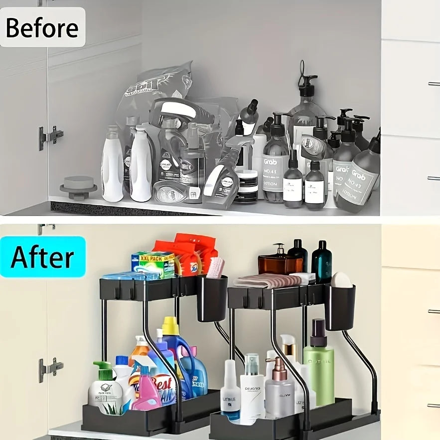 2-Tier Plastic Storage Organizer Pull-Out Drawer Kitchen Bathroom Space-Saving Durable Large Capacity