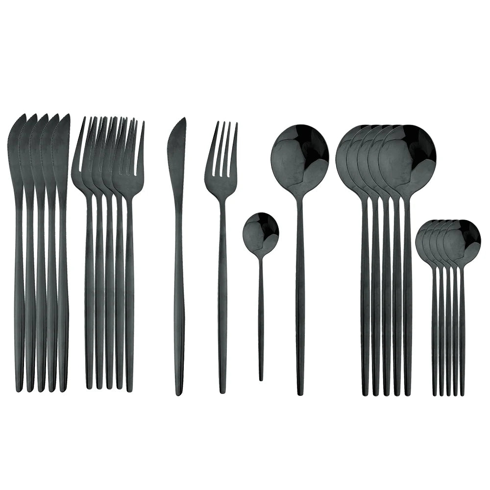 24Pcs Black Handle Golden Cutlery Set Stainless Steel Knife Fork Spoon Tableware Flatware Set