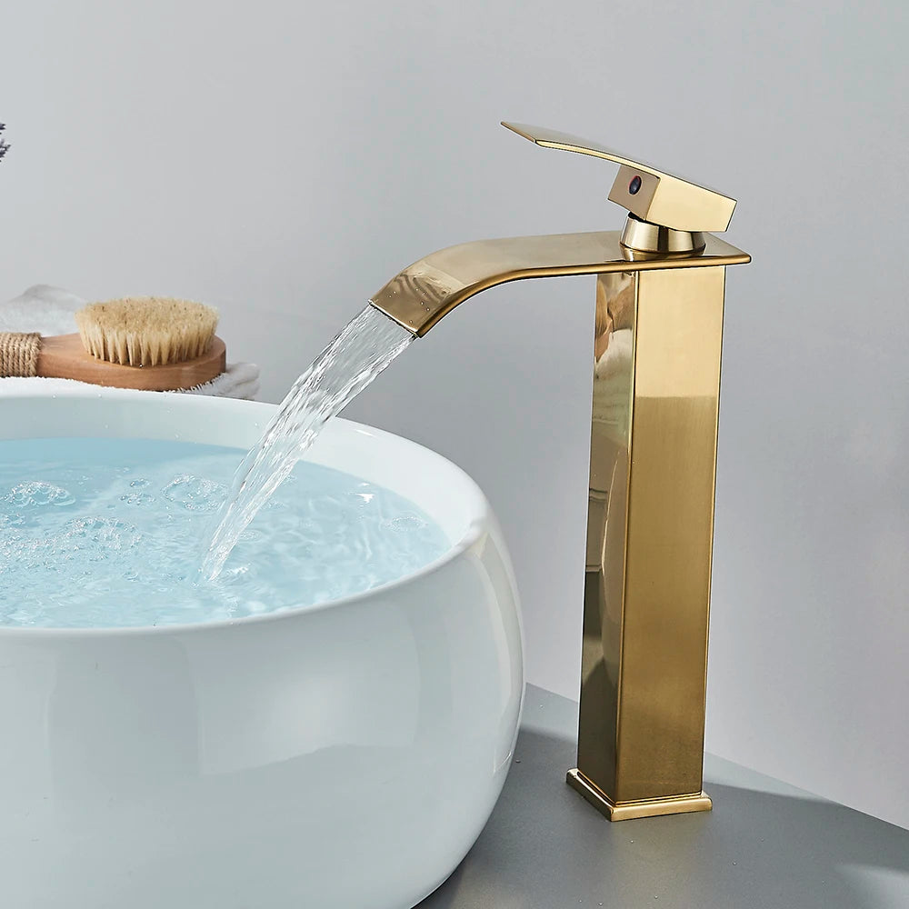 Brushed Golden Basin Faucets Single Lever Hole Deck Mount