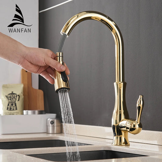 Gold Kitchen Faucets Silver Single Handle Pull Out Kitchen Tap Single Hole Water Mixer