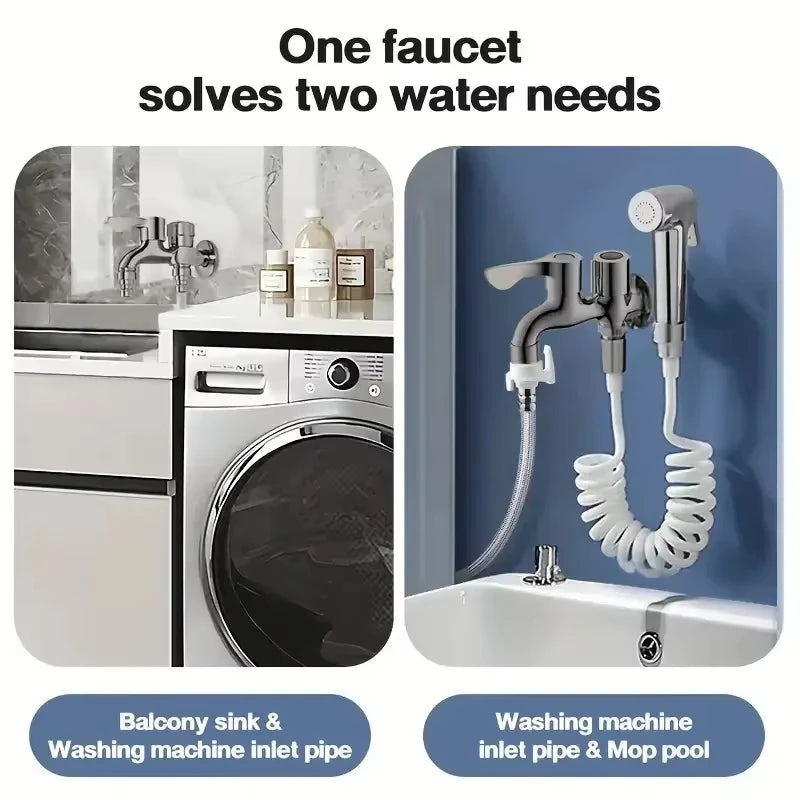 Stainless Steel Faucet Double Outlet Dual Control Water Tap One in Two Out Faucet 1/2" Bidet Faucets