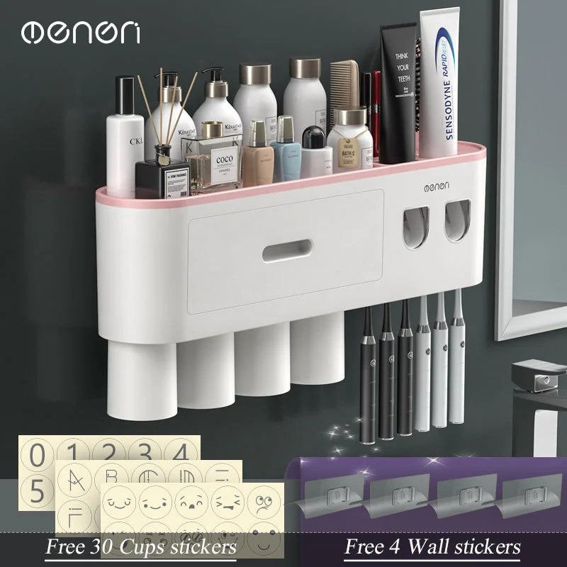 MENGNI-Magnetic Adsorption Inverted Toothbrush Holder Wall -Automatic Toothpaste Squeezer Storage Rack
