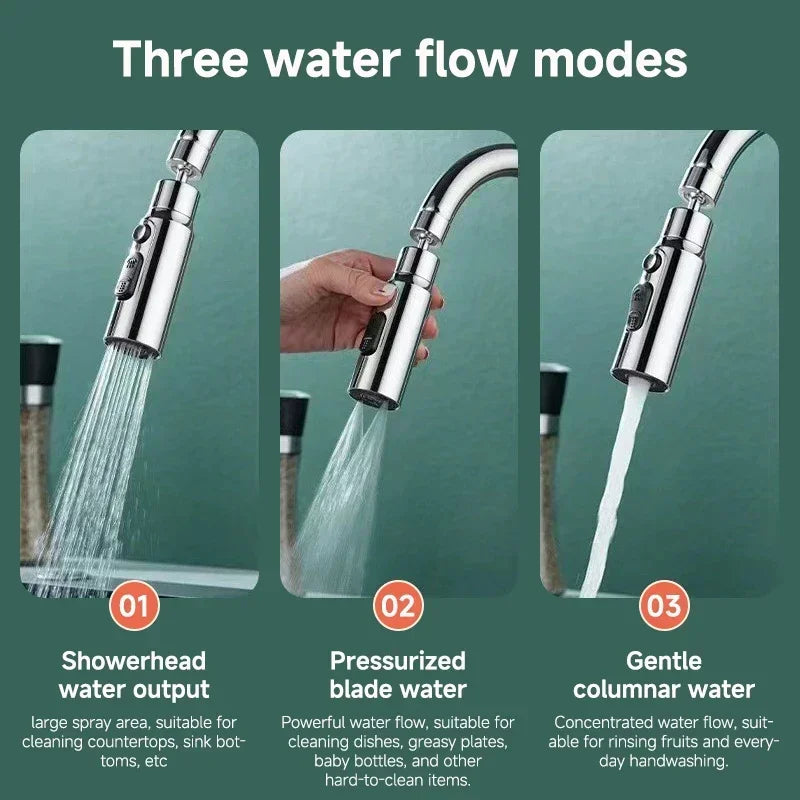 3 Three Modes Faucet Extender Metal Alloy Head Water Saver Home Extended Shower Spray