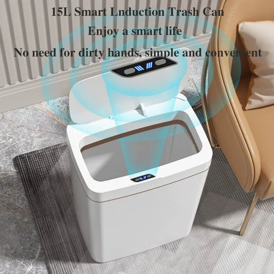 15L Smart Trash Can Automatic Touchless Smart Sensor Sensing Trash Can Waterproof Bathroom Kitchen Bedroom Trash Can.