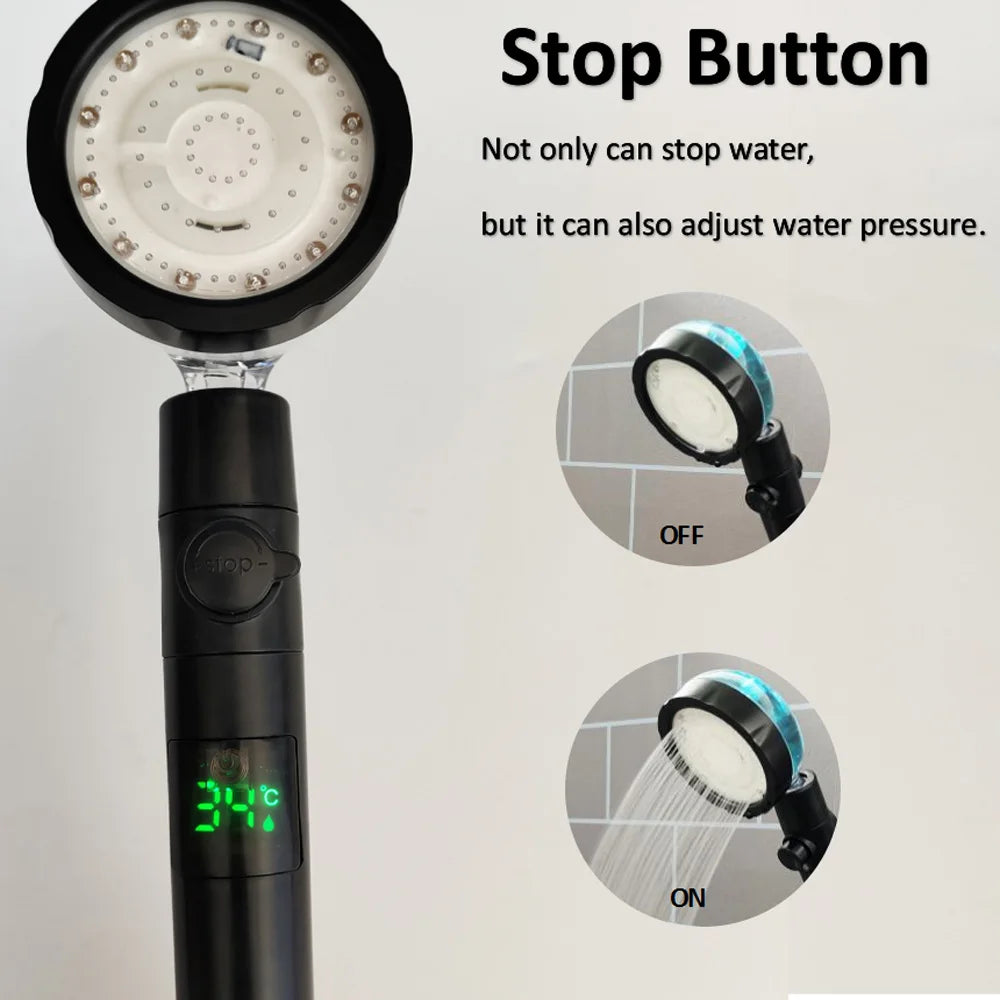 LED Digital Temperature Display Shower Head Temperature Control Colorful Fan Spray Nozzle