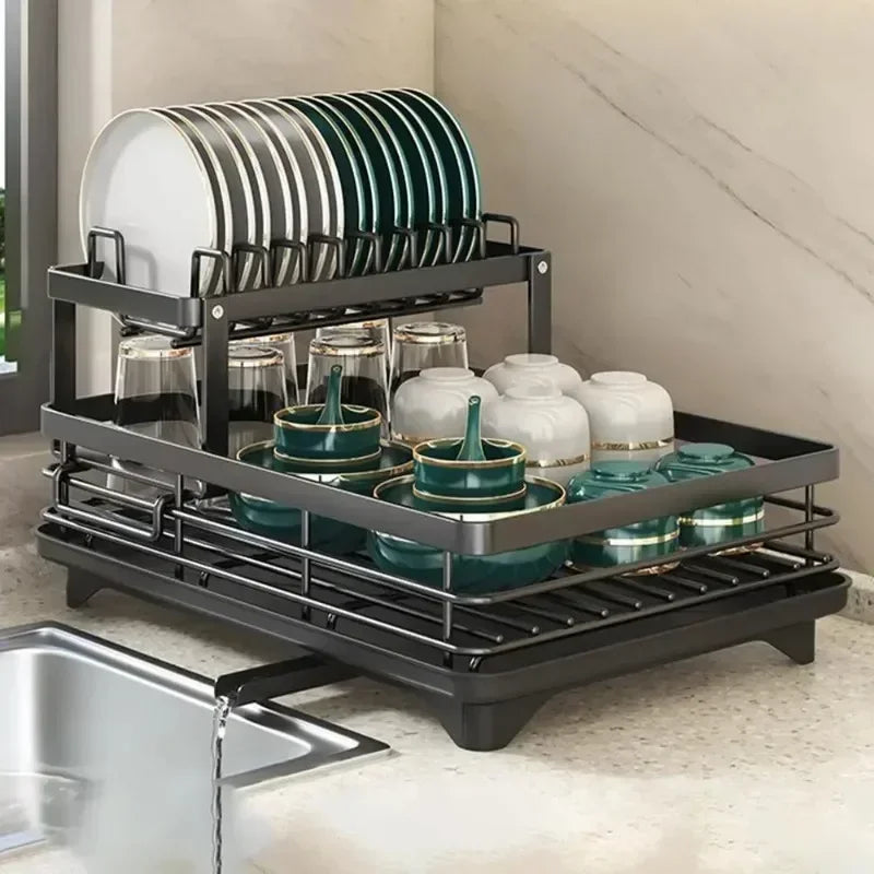 Bowl Rack - 2 Tier Dish Drainer Storage Adjustable Space Saving Kitchen Utensil Organizer for Plates Cups Cutlery
