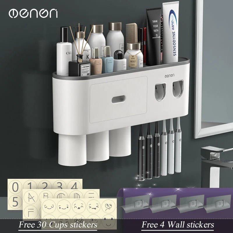 MENGNI-Magnetic Adsorption Inverted Toothbrush Holder Wall -Automatic Toothpaste Squeezer Storage Rack