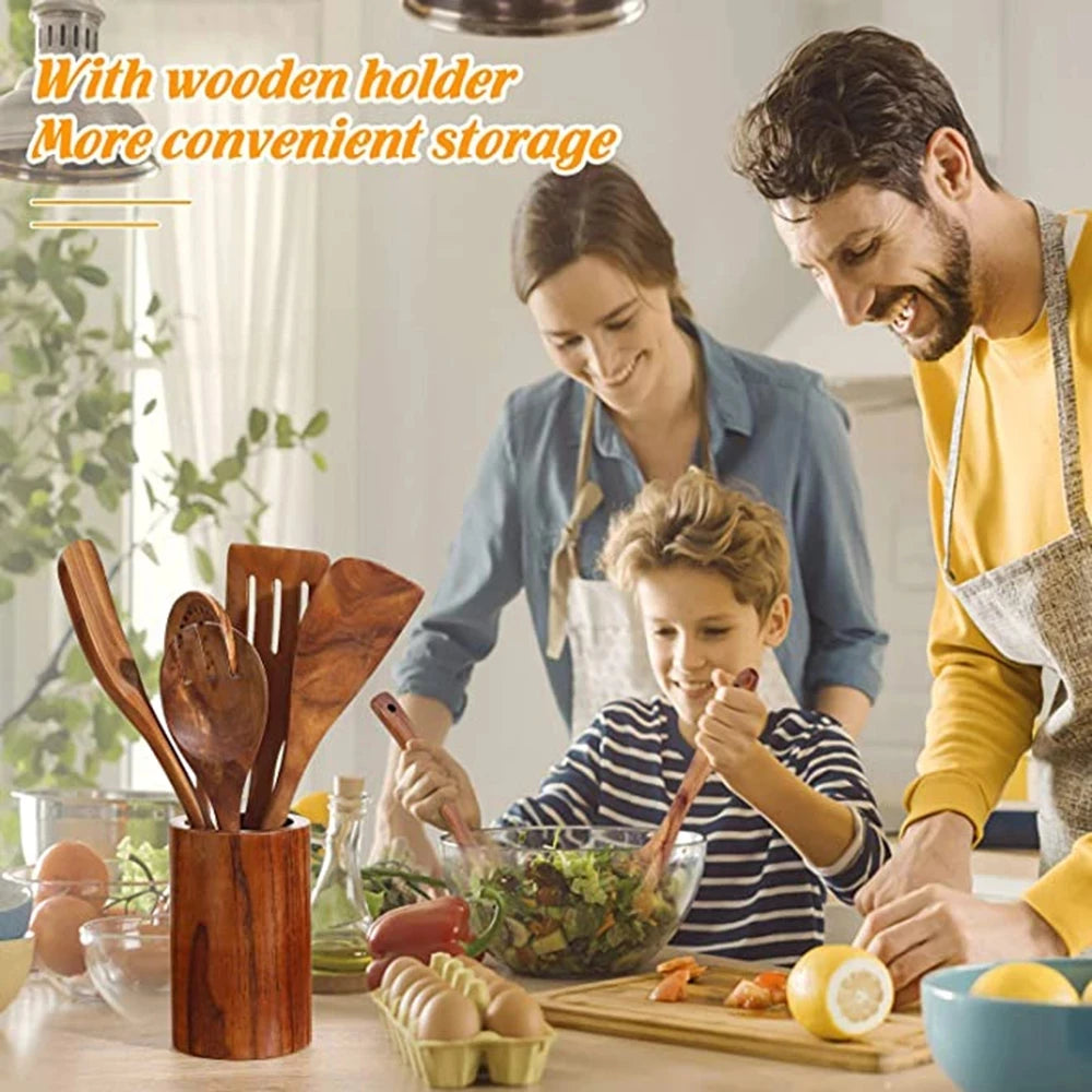 1-10 PC Wooden Cooking Spoons , Non-Stick Wooden Cooking Utensils