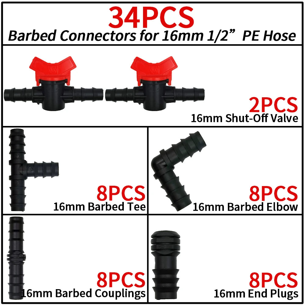 34Pcs 1/2" Drip Irrigation Fittings Kit Straight Tee Elbow Plug For 1/2 Inch 16mm Tubing Garden Watering Hose Connect
