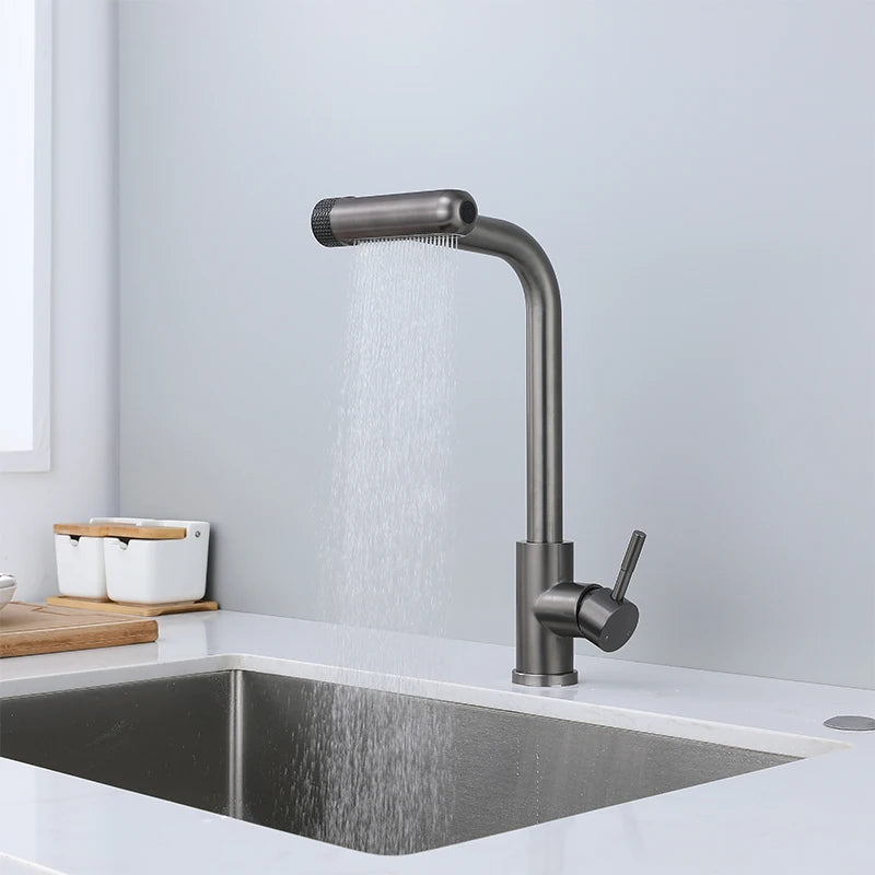 Pull Out Rotation Waterfall Black Stream Sprayer Head,6 Mode Gray Kitchen Faucets, Sink Mixer