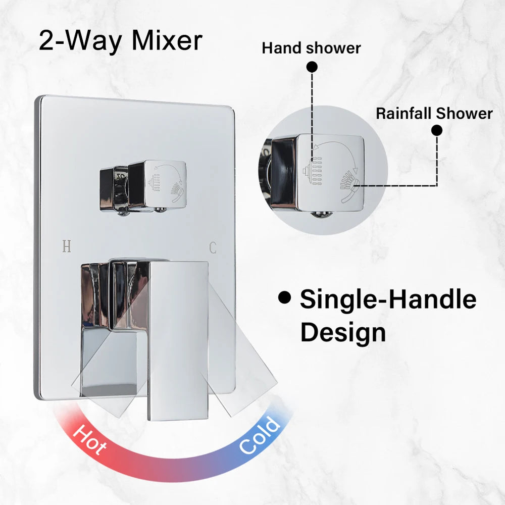 Chrome Bathroom Shower Faucet Set 2/3 Way Rainfall Mixed Brass Diverter Mixer Tap 8-16" Head Wall Mounted Embedded Box Control