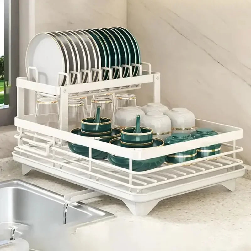 Bowl Rack - 2 Tier Dish Drainer Storage Adjustable Space Saving Kitchen Utensil Organizer for Plates Cups Cutlery